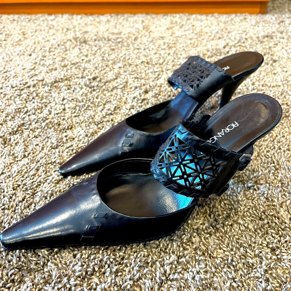 FIORANGELO Made in Italy designer black leather mules, Sz 38